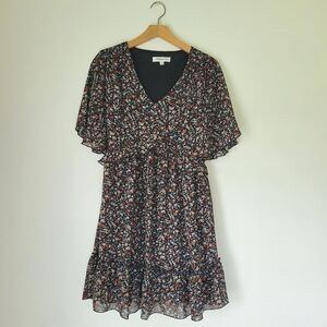 Floral Print Black Dress Small V-Neck Flutter Sleeve